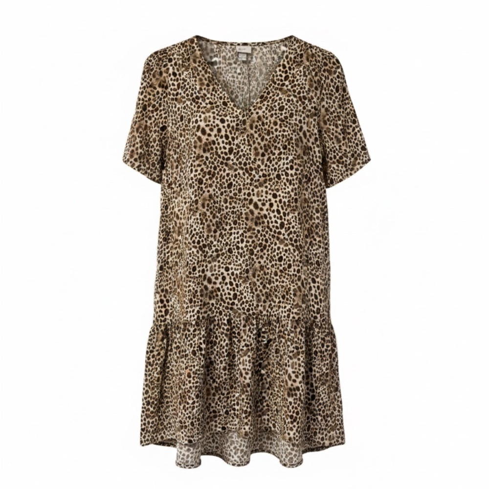 a new day, Leopard Print V-Neck Tiered Smock Dress Small Brown Purple | Size S